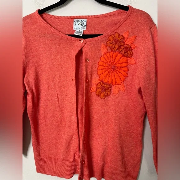 Tabitha Anthropologie lightweight cashmere wool cardi silk floral appliqué sz M - Picture 5 of 8